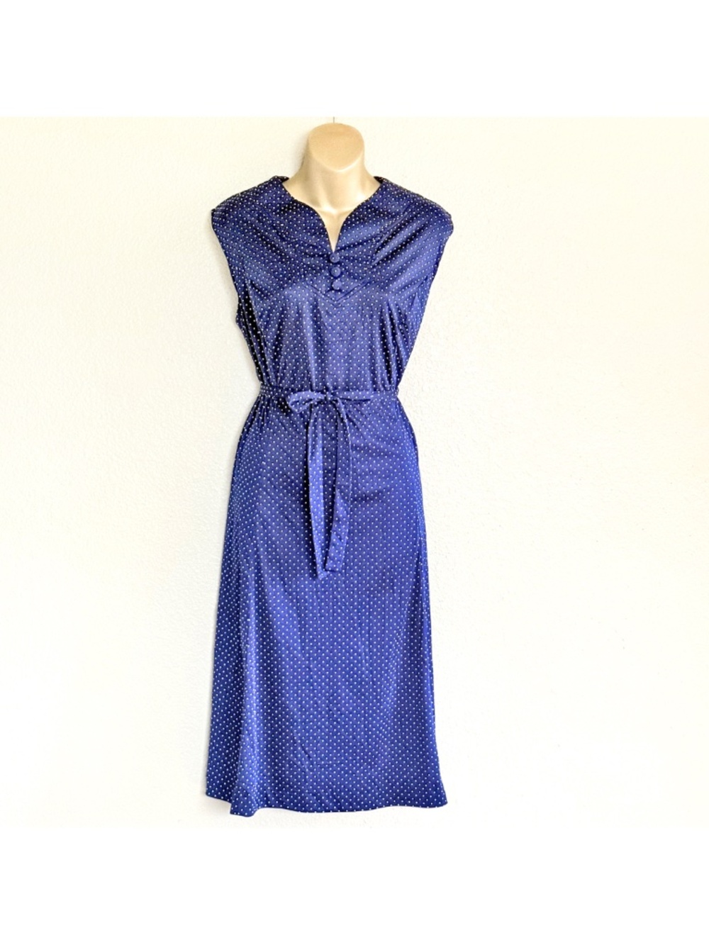VTG 70s Navy Polka Dot Mod Secretary Sleeveless Dress Plus Size Petite Sz 20WP